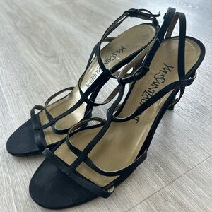 Vintage YSL Yves Saint Laurent Black 3" Heel Strappy Shoes Size 7 made in Italy